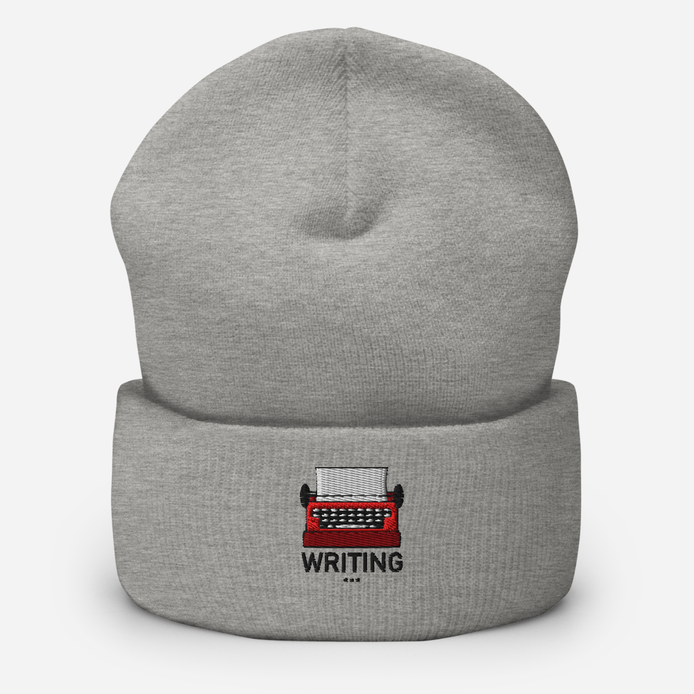 Gray beanie with a red typewriter and 'WRITING' text embroidery on a white background