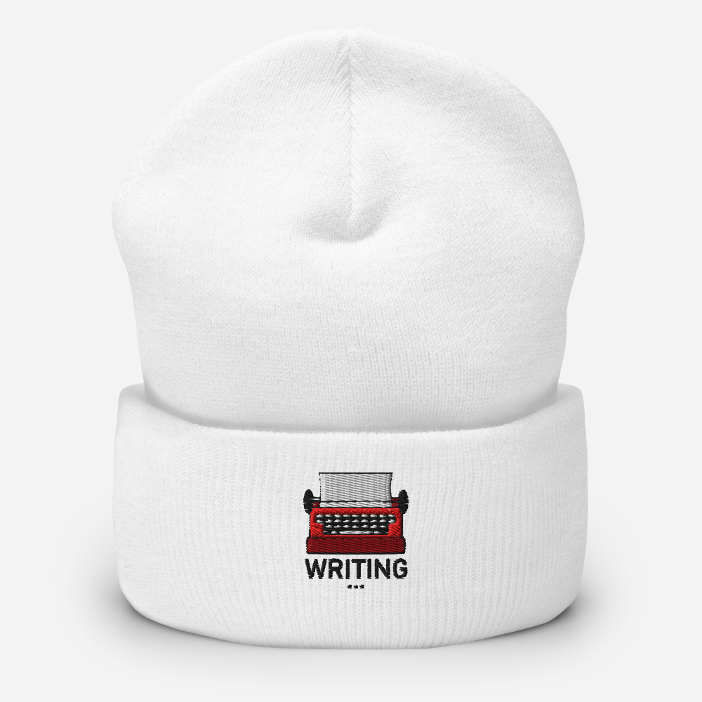 White beanie with a red typewriter and 'WRITING' text on a white background