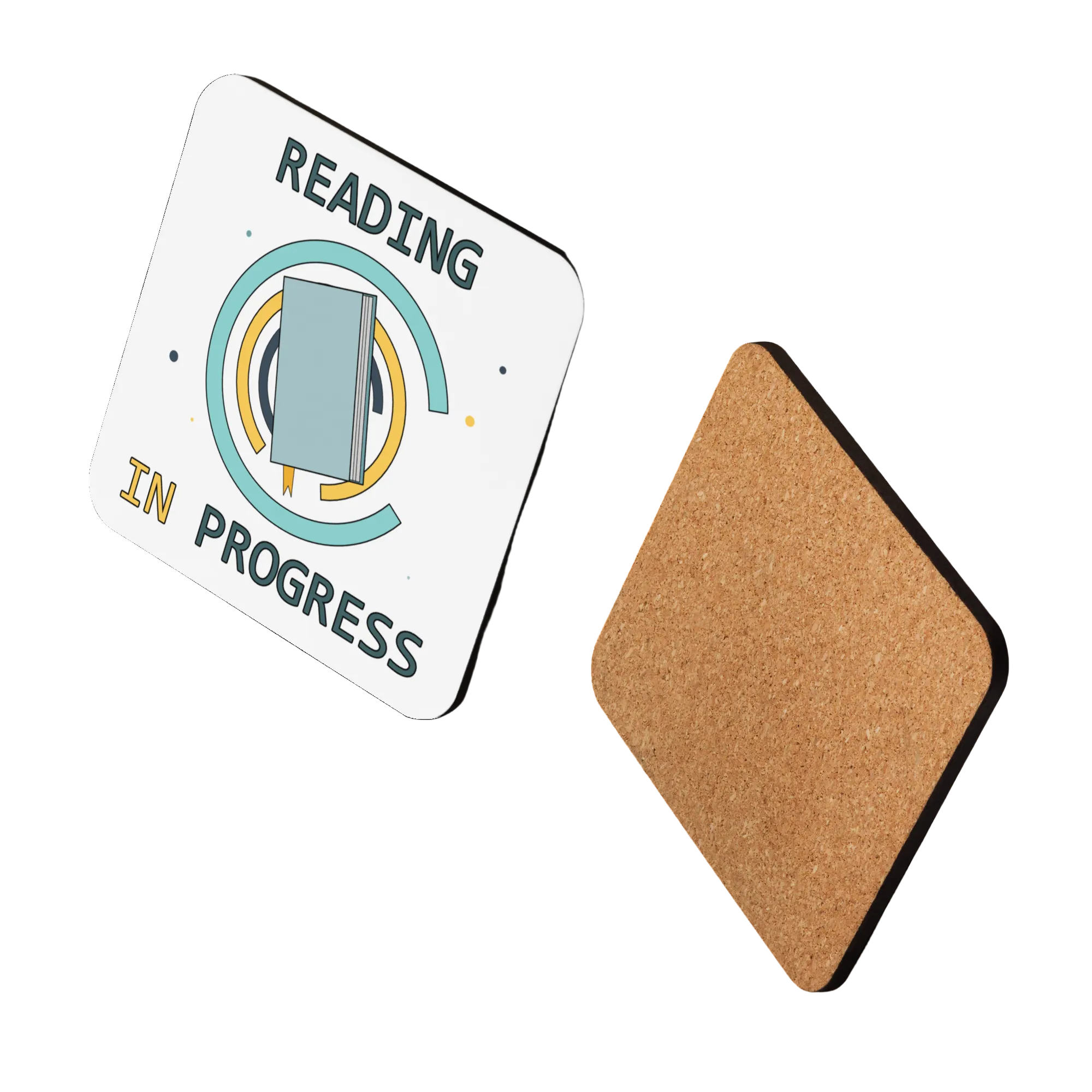 Cork coaster with 'Reading in Progress' design on a white background